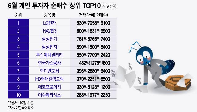 6월 개인 투자자 순매수 상위 TOP10./그래픽=윤선정 기자.