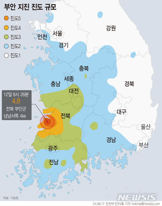 [서울=뉴시스] 12일 오전 8시26분49초 전북 부안군 남남서쪽 4㎞ 지역에서 규모 4.8의 지진이 발생했다. 이날 오전 9시까지 접수된 흔들림 신고는 총 198건으로 집계됐다. 2024.06.12.