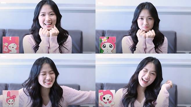 배우 김혜윤이 자신과 닮은 캐릭터 '마이멜로디'의 포즈를 따라하고 있다. 유튜브 채널 'Mhz 므흐즈' 캡처