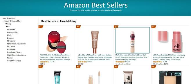 지난 12일 기준 아마존 페이스 메이크업 부문 판매 1위에 오른 티르티르 '마스크 핏 레드 쿠션'. /아마존 캡처