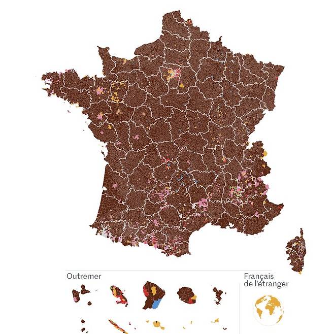 6월 9일 치러진 유럽의회 프랑스 선거 결과 강경우파인 ‘RN(갈색 표시)’이 수도권과 일부 지역을 제외한 프랑스 대부분 지역에서 1위를 차지했다. (그래프 출처: 일간 ‘르 몽드’)
