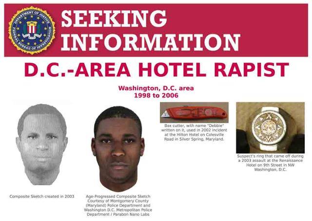 FBI 홈페이지에 게시된 '워싱턴 수도권 호텔 강간범 현상수배' 포스터. FBI 홈페이지 캡처