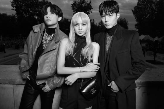 BTS's V, left, Blackpink's Lisa, middle, and actor Park Bo-gum posing as Celine’s global ambassadors [JOONGANG ILBO]