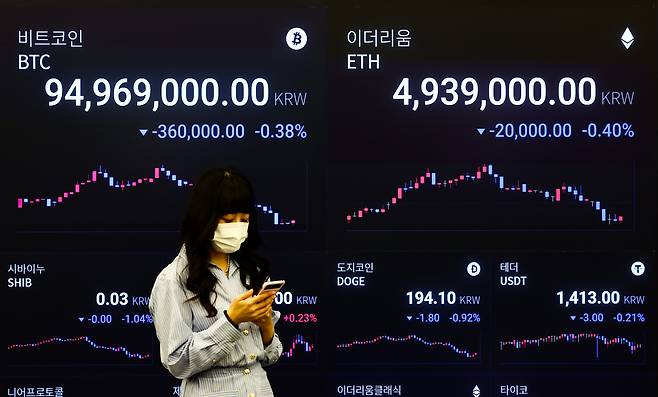 서울 강남구 업비트 고객센터에서 직원이 비트코인 시세를 확인하고 있다. [뉴시스]