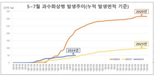 2020년 대비 2024년 과수화상병 발생 추이. 농식품부 제공