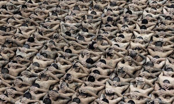 지난 11일(현지시간) 엘살바도르 대통령실에서 공개한 사진. 웃옷을 벗은 수감자들이 머리에 손깍지를 낀 채 테러범수용센터 바닥에 앉아 있다. AFP 연합뉴스