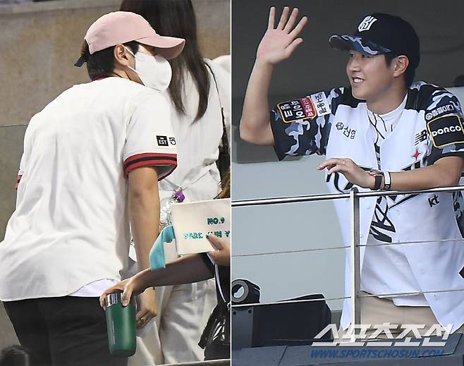 12일 잠실구장에 두산 유니폼을 입고 나타난 이강인(왼쪽), 15일 수원 KT위즈파크에서는 마법사들의 팬으로 돌아온 이강인. 잠실, 수원=정재근 기자 cjg@sportschosun.com