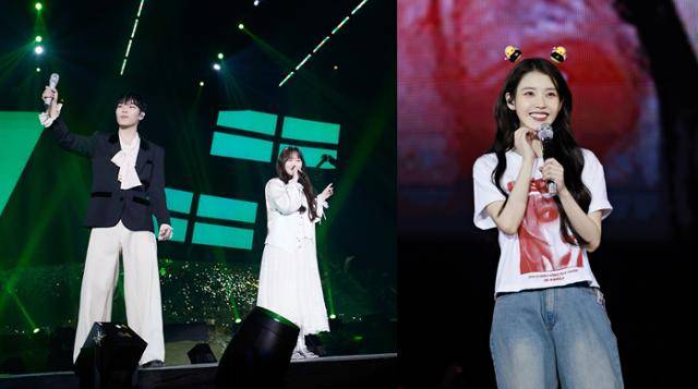 가수 아이유가 악뮤의 10주년 콘서트 게스트로 깜짝 등장했다. YG엔터테인먼트, EDAM엔터테인먼트 제공