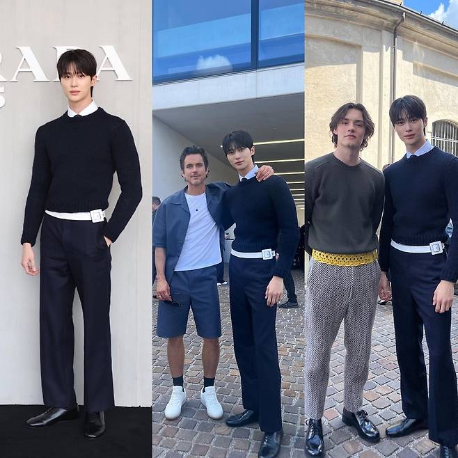 프라다 행사장에서 변우석과 맷보머(중간), 루이스 패트리지(우측)/사진=변우석 소셜미디어