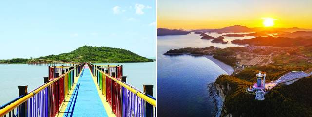 전남 고흥군 남양면 우도 레인보우교(왼쪽)와 남열 해안경관 및 나로우주센터가 보이는 미르마루길 전경. 고흥군은 지역을 팔영산권, 거금·녹동권, 나로도권, 고흥만권, 북부권 등 5개 관광 권역으로 나눈 뒤 각 권역별 특색을 바탕으로 테마형 관광개발사업을 완성할 계획이다. 고흥군 제공