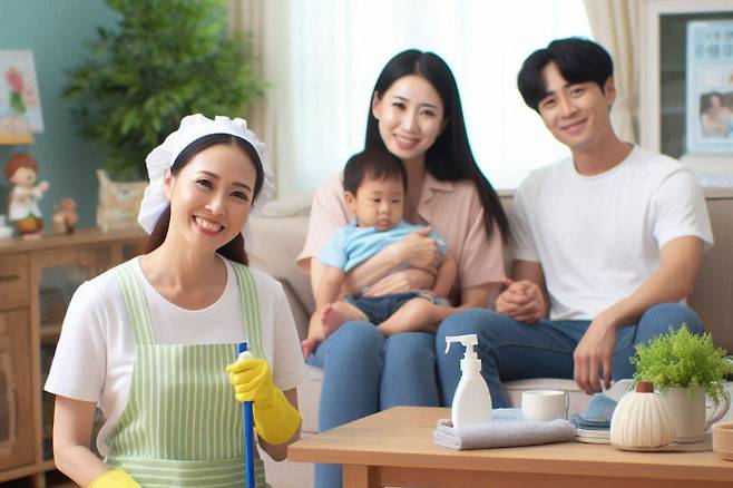 필리핀 가사도우미가 청소하고 있고 한국인 가족이 쉬고 있는 모습. AI 이미지 생성 Copilot 캡처