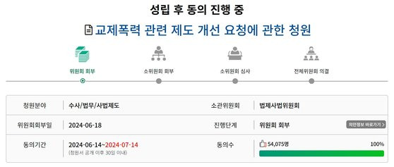 18일 국회 국민동의청원에서 ‘교제폭력 관련 제도 개선 요청에 관한 청원’이 5만명 이상의 동의를 받았다. 사진 국회 국민동의청원 캡처