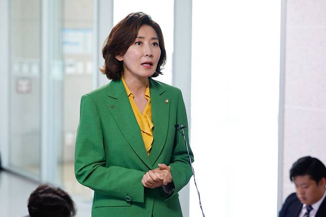 나경원 국민의힘 의원이 지난 13일 서울 여의도 국회의원회관에서 전당대회에 적용할 경선 규칙을 당원 투표 80%와 일반 국민 여론조사 20%로 변경하기로 한 것과 관련, 취재진 질문에 답하고 있다. /뉴스1