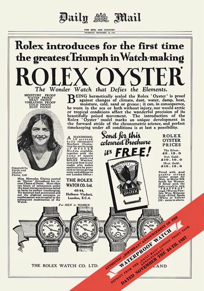1927년 메르세데스 글리즈가 영국해협 횡단에 성공했음을 알리는 광고(사진④)
사진출처= rolex. com