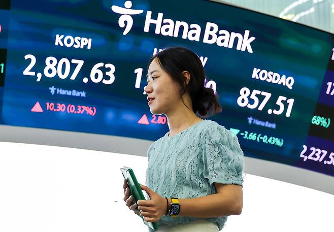 코스피가 2년 5개월만에 2,800선을 돌파한 20일 오후 서울 중구 하나은행 본점 딜링룸 스크린에 코스피가 표시돼 있다. /연합뉴스