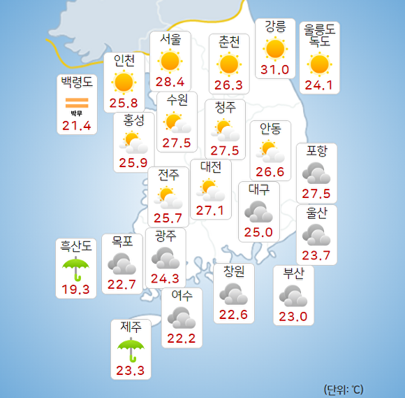 20일 오전 9시 현재 전국 날씨. [사진=기상청 날씨누리]