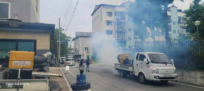 러브버그 방역 장면.[충주시 제공]