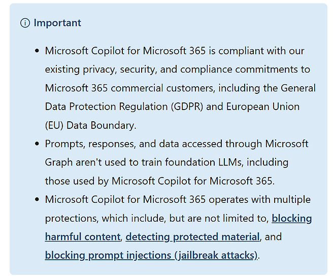 마이크로소프트의 코파일럿이 답변을 참고할 때 참고하는 이용자 데이터, 프롬프트 등을 LLM 학습에 쓰지 않는다고 분명히 명시하고 있다 / 출처=마이크로소프트 홈페이지 캡처
