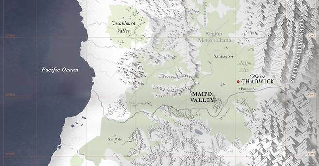 비녜도 채드윅이 생산되는 마이포 밸리 푸엔테 알토 지역의 지도. [비녜도스 파밀리아 채드윅 제공]