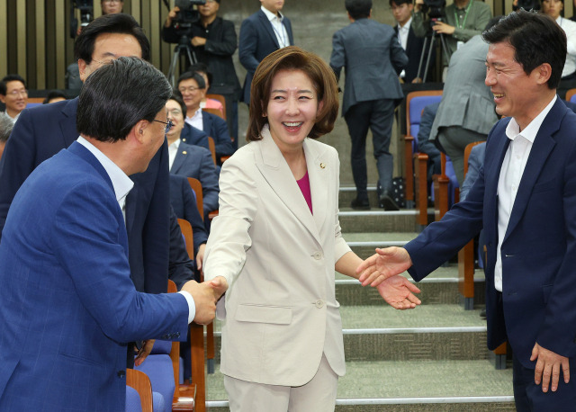 ▲국민의힘 나경원 의원이 21일 오전 국회에서 열린 의회정치 원상복구 의원총회에서 동료 의원들과 인사하고 있다. ⓒ연합뉴스