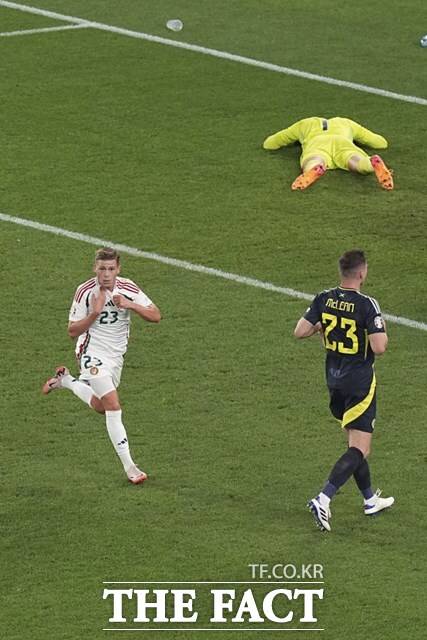 후반 추가시간 90+10분 극적 결승골을 터뜨린 헝가리의 케빈 소보스./슈투트가르트=AP.뉴시스