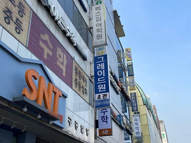 3대 영어학원 '렉스김어학원', 유명 논술학원 '글로아이' 등 유치원생 대상 학원이 모여있는 건물. 사진=김세린 기자