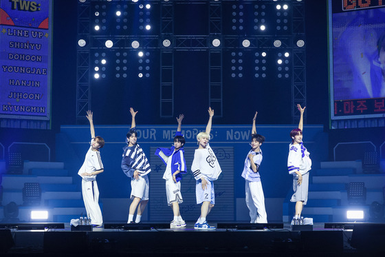 Rookie boy band TWS performs “If I’m S, Can You Be My N?″ during a press showcase held Monday at the Blue Square Mastercard Hall in Yongsan District, central Seoul on Monday. [PLEDIS ENTERTAINMENT]