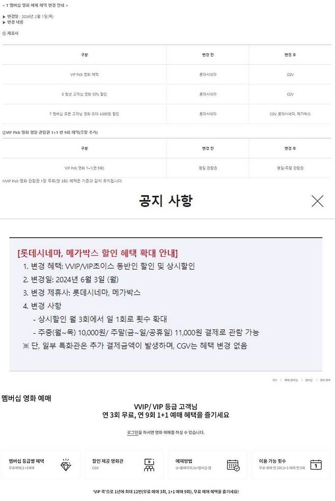 [서울=뉴시스] (사진 위부터) SK텔레콤, KT, LG유플러스 등 이동통신3사 멤버십 영화 부문 할인 혜택 공지 (사진=각 사 홈페이지 캡처) *재판매 및 DB 금지