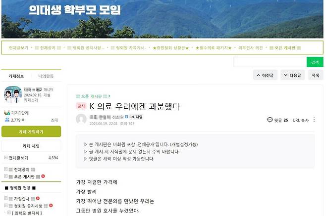 네이버 카페 '의대생 학부모 모임'에 6월19일 게재된 글 'K의료 우리에겐 과분했다' ⓒ 네이버 캡처