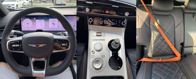 GV70 내부 모습. D자형 스티어링 휠(왼쪽), 공조기 아래 배치된 터치식 공조버튼과 크리스털 디자인의 전자식 변속 다이얼(가운데), 오렌지색 시트 벨트와 스티치. 과천=강희경 기자