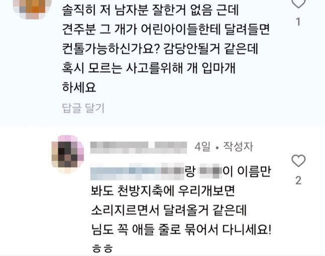 유튜버 A씨가 자신의 대형견에 입마개를 하라는 댓글을 단 누리꾼의 가족으로 추정되는 인물의 이름을 언급하며 반박했다. [이미지출처=연합뉴스]