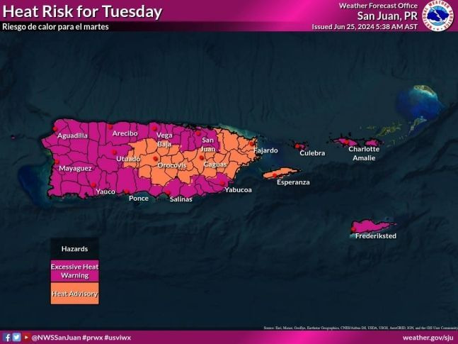 미국 기상청이 푸에르토리코 폭염특보 발효 지역을 표시한 지도 [사진출처=연합뉴스]