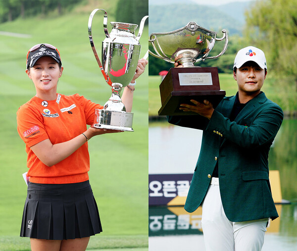 2024년 한국여자프로골프(KLPGA) 투어 BC카드·한경 레이디스컵 골프대회 우승을 차지한 박현경 프로(사진제공=KLPGA). 대한골프협회(KGA)와 아시안투어가 공동 개최한 한국프로골프(KPGA) 투어 코오롱 제66회 한국오픈골프선수권대회 우승을 차지한 김민규 프로(사진제공=코오롱 한국오픈 조직위)