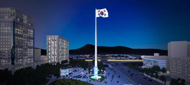 A bird\'s eye view of the 100-meter-high Taegeukgi flagpole to be built at Gwanghwamun Square in Seoul. Courtesy of Seoul Metropolitan Government