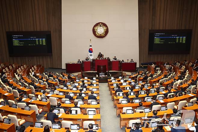 우원식 국회의장이 27일 오후 서울 여의도 국회에서 열린 제415회 국회(임시회) 제3차 본회의에서 상임위원장 선출 표결 결과를 발표하고 있다. 2024.6.27/뉴스1 ⓒ News1 김민지 기자