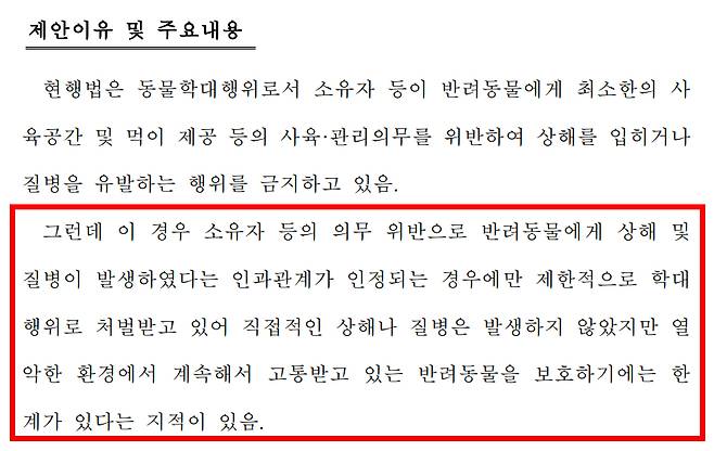 기동민 전 더불어민주당 의원이 지난해 9월 발의했으나, 임기 만료로 폐기된 동물보호법 개정안. '고통' 주는 행위도 학대로 간주해 처벌할 수 있게 마련했었다./사진=기동민 전 의원 홈페이지