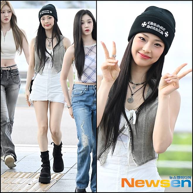지난 6월 14일 인천공항에서 출국하는 멤버 루카, 화사한 생머릿결에 쓴 비니와 화이트 원피스가 돋보인다.