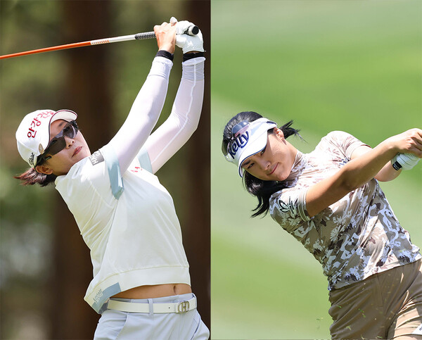 2024년 한국여자프로골프(KLPGA) 투어 맥콜·모나 용평 오픈 골프대회에 출전한 LPGA 투어 멤버 임진희 프로와 동반 플레이한 윤이나 프로가 1라운드에서 경기하는 모습이다. 사진제공=KLPGA