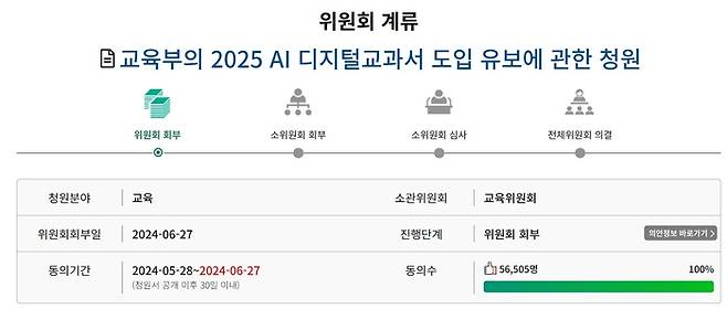 교육부에 AI 디지털교과서 도입을 유보해달라고 요구하는 국회 국민동의청원이 지난 27일 동의자 5만명을 넘겨 국회 교육위원회에 회부됐다. 국민동의청원 홈페이지 캡처