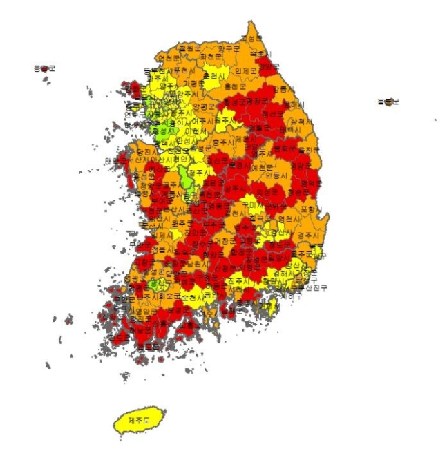 한국고용정보원이 분석한 2024년 3월 기준 전국 228개 시군구별 소멸위험지역 현황. 사진=뉴시스