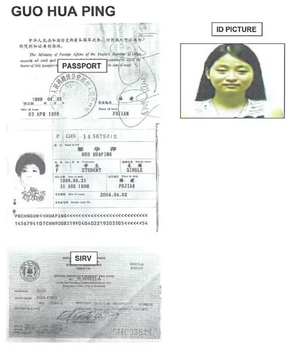 필리핀 '中 간첩' 의혹 시장, 중국인인 듯 중국인 궈화핑 명의의 중국 여권과 특별투자거주비자, 비자의 사진 사본. 사진은 앨리스 궈 시장과 동일인으로 보인다.
[필리핀 매체 인콰이어러 홈페이지 캡처. 재판매 및 DB 금지]