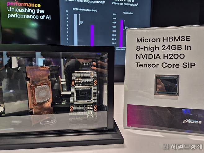 마이크론은 지난 3월 미국 새너제이에서 열린 ‘엔비디아 GTC 2024’에서 엔비디아의 최신 AI 칩 H200에 탑재되는 자사 HBM3E 8단 제품을 전시했다. 김현일 기자