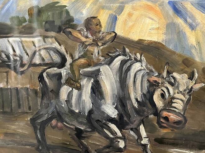 라크마의 ‘한국의 보물’ 전에 이중섭 작가의 작품으로 표기된 출품작 ‘황소를 타는 소년’. 마이클 김 사진가 제공