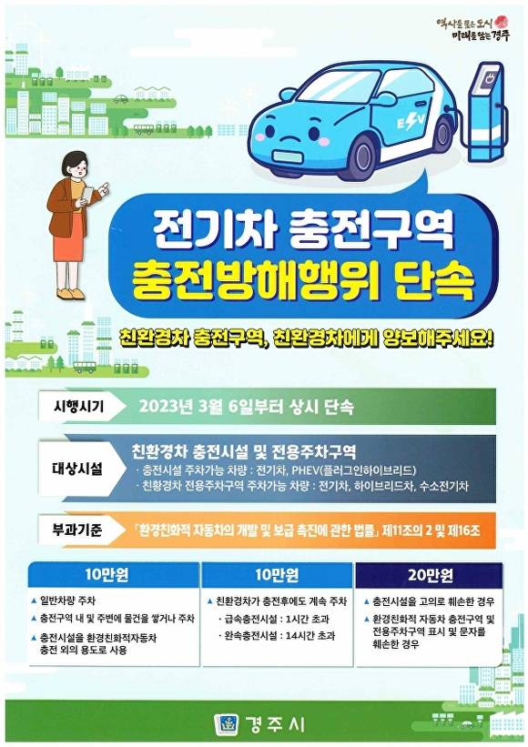 경주시 전기차 충전구역 내 방해 행위 집중단속 포스터. [사진=경주시청]