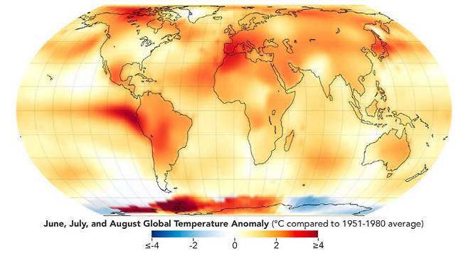 지난해 여름이 관측 기록 역사상 가장 더웠던 것으로 나타났다.(자료=미국 항공우주국)