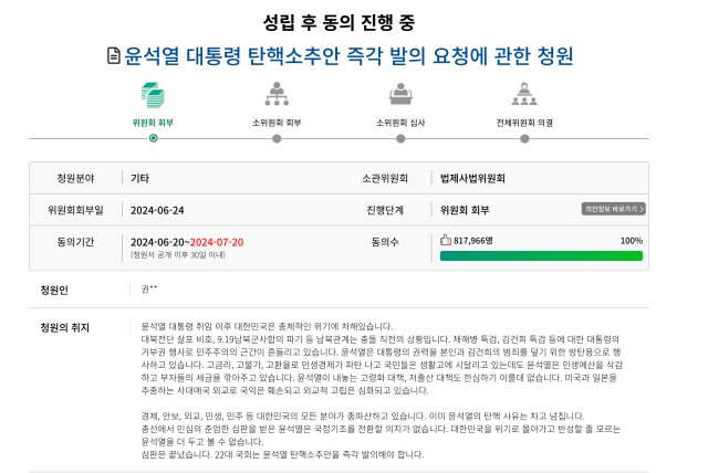 민주당은 관련 법령에 따라 절차대로 탄핵청원을 처리한다는 입장이다. 국민동의청원에 5만명 이상이 동의하면 소관 상임위에 회부된다. 상임위 심사를 거쳐 청원의 타당성이 인정된다면 본회의에 부의된다. /국민동의청원 홈페이지 갈무리