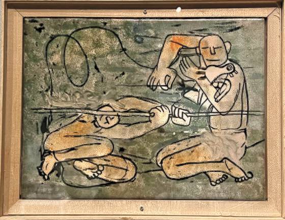 LACMA에 "1950년대 초반 이중섭이 타일에 그린 '기어오르는 아이들'"이라는 설명과 함께 전시된 그림. '장대놀이 하는 아이들'을 같은 크기 타일에 베끼는 과정에서 세로 방향이던 그림이 가로가 됐고, 서명도 없어졌다. [중앙포토]