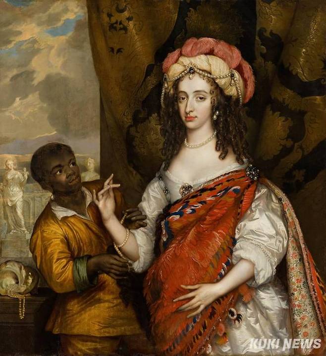 아드리안 한네만, 흑인 하인과 함께 있는 메리 1세 스튜어트의 사후 초상화(Maria I Stuart, 1631~1660), c. 1664: 흑인노예가 등장하는 그림을 티치아노도 그렸다.
