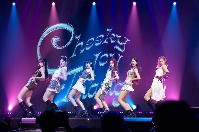 From left: StayC members Yoon, Seeun, Sieun, Sumin, Isa, and J perform during the press conference held at Gwangjin-gu, Seoul, Monday. (Highup Entertainment)