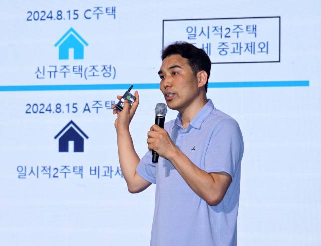 미네르바올빼미(김호용) 미르진택스 대표가 2일 서울 중구 롯데호텔에서 열린 서울경제 머니트렌드 2024 세션3 '세부담 최소화 갈아타기 방법과 상생임대 주택'을 주제로 강연하고 있다. 성형주 기자 2024.07.02